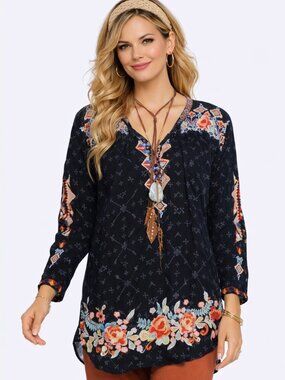 Johnny Was Embroidered Gina Long Sleeve Blouse Tunic Cupra Rayon Black Size M
